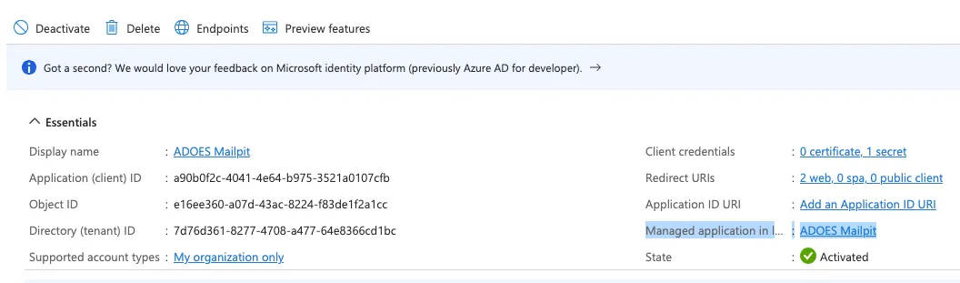 Screenshot of the app registration header, with the “Managed application in L…” label & link highlighted