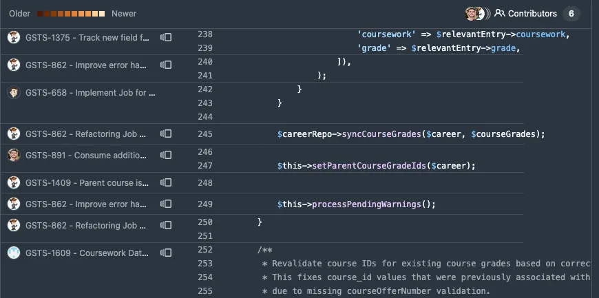 The poorly-named "blame" view in GitHub, showing some code with the last commit message that touched it. Each commit message links back to a JIRA ticket.